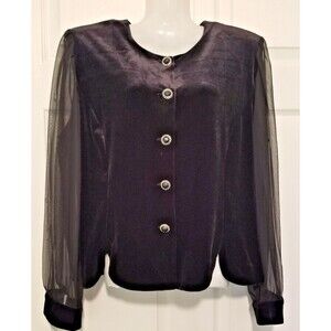 R & K Evenings Women's Jacket Black Velvet Sheer Long Sleeve Buttons Size 16